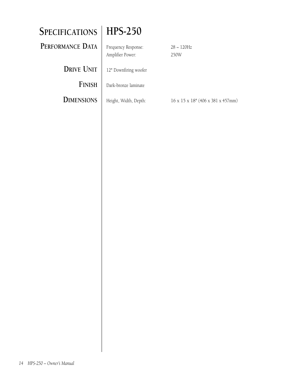Hps-250, Pecifications p | Infinity HPS-250 User Manual | Page 14 / 16