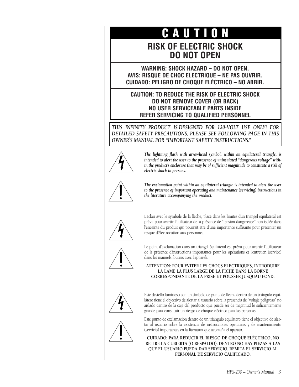 Risk of electric shock do not open | Infinity HPS-250 User Manual | Page 3 / 16