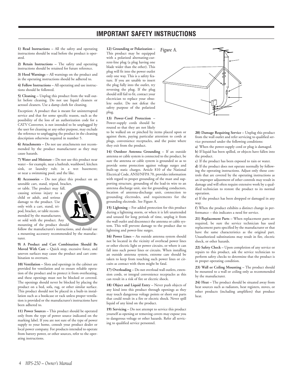 Important safety instructions, Hps-250 – owner’s manual, Figure a | Infinity HPS-250 User Manual | Page 4 / 16