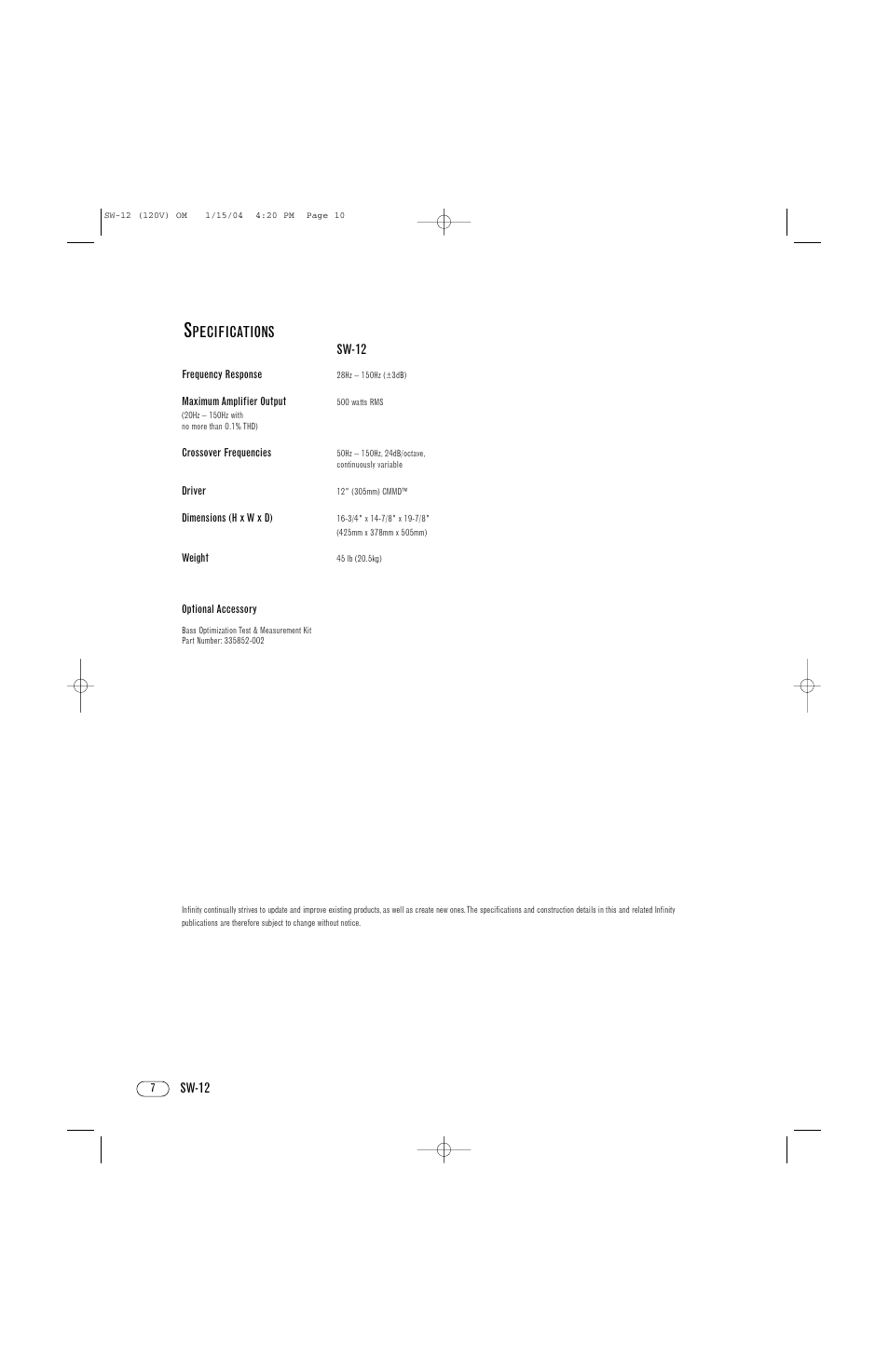 Pecifications | Infinity SW-12 User Manual | Page 10 / 12