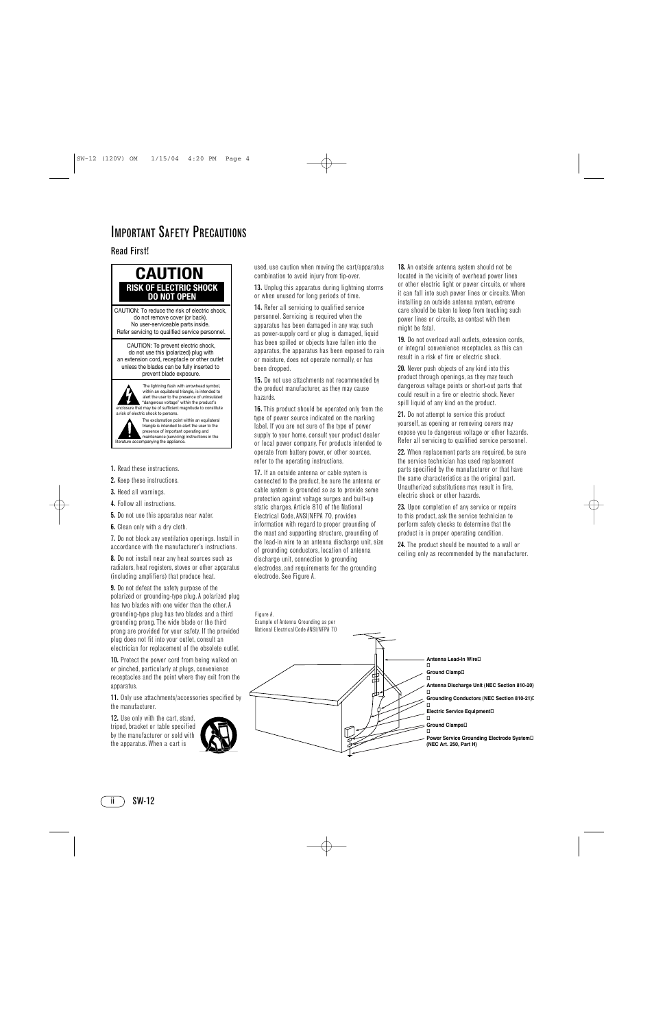 Caution, Mportant, Afety | Recautions | Infinity SW-12 User Manual | Page 2 / 12