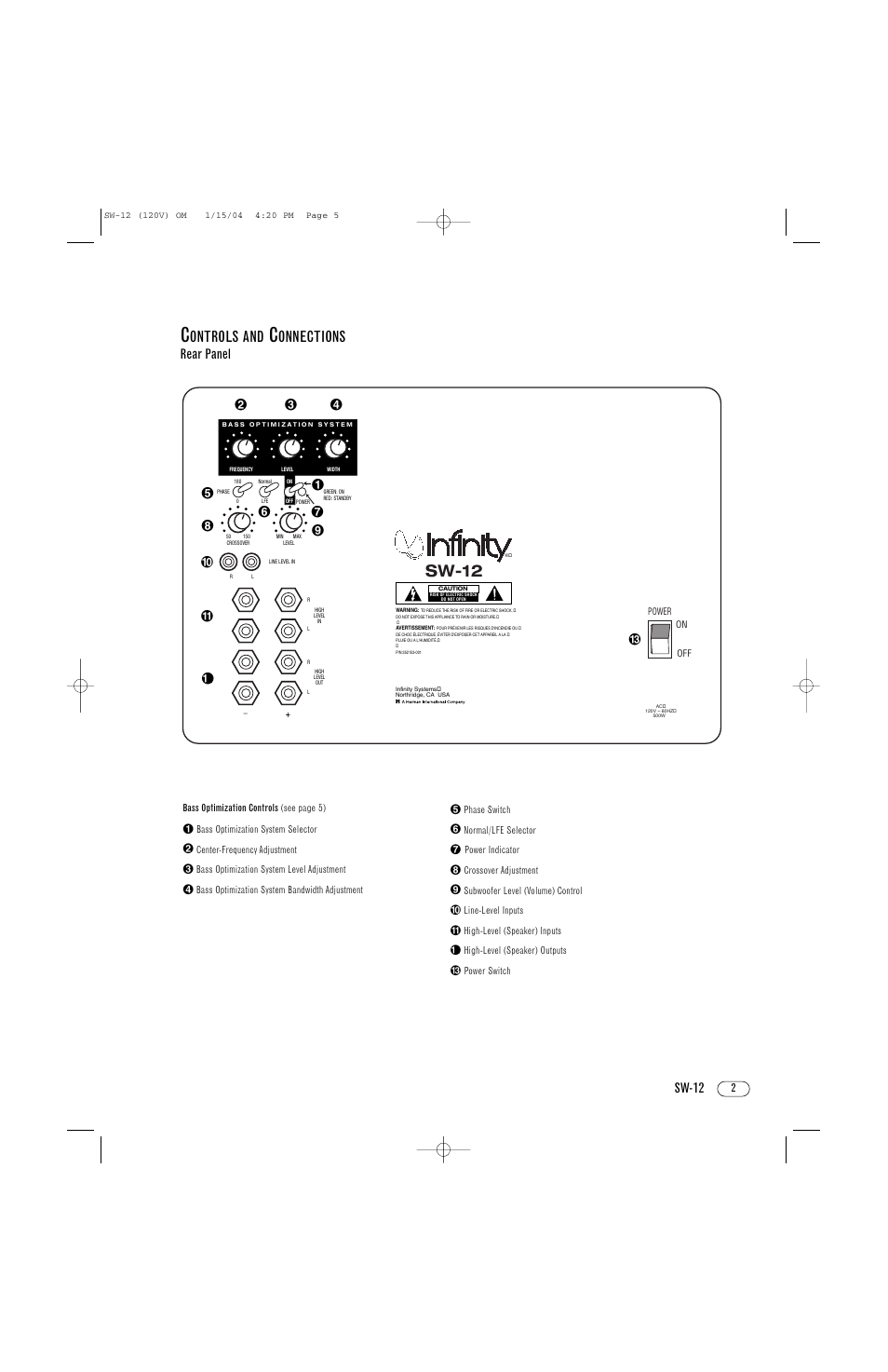 Sw-12, Ontrols and, Onnections | Sw-12 rear panel | Infinity SW-12 User Manual | Page 5 / 12