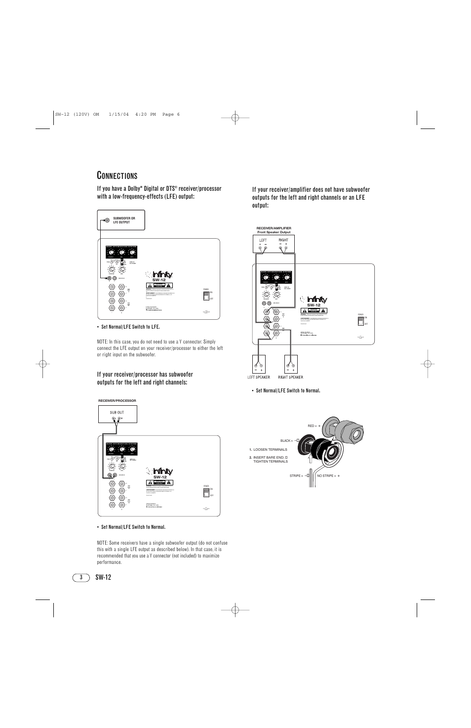 Onnections, Sw-12, If you have a dolby* digital or dts | Set normal/lfe switch to normal | Infinity SW-12 User Manual | Page 6 / 12