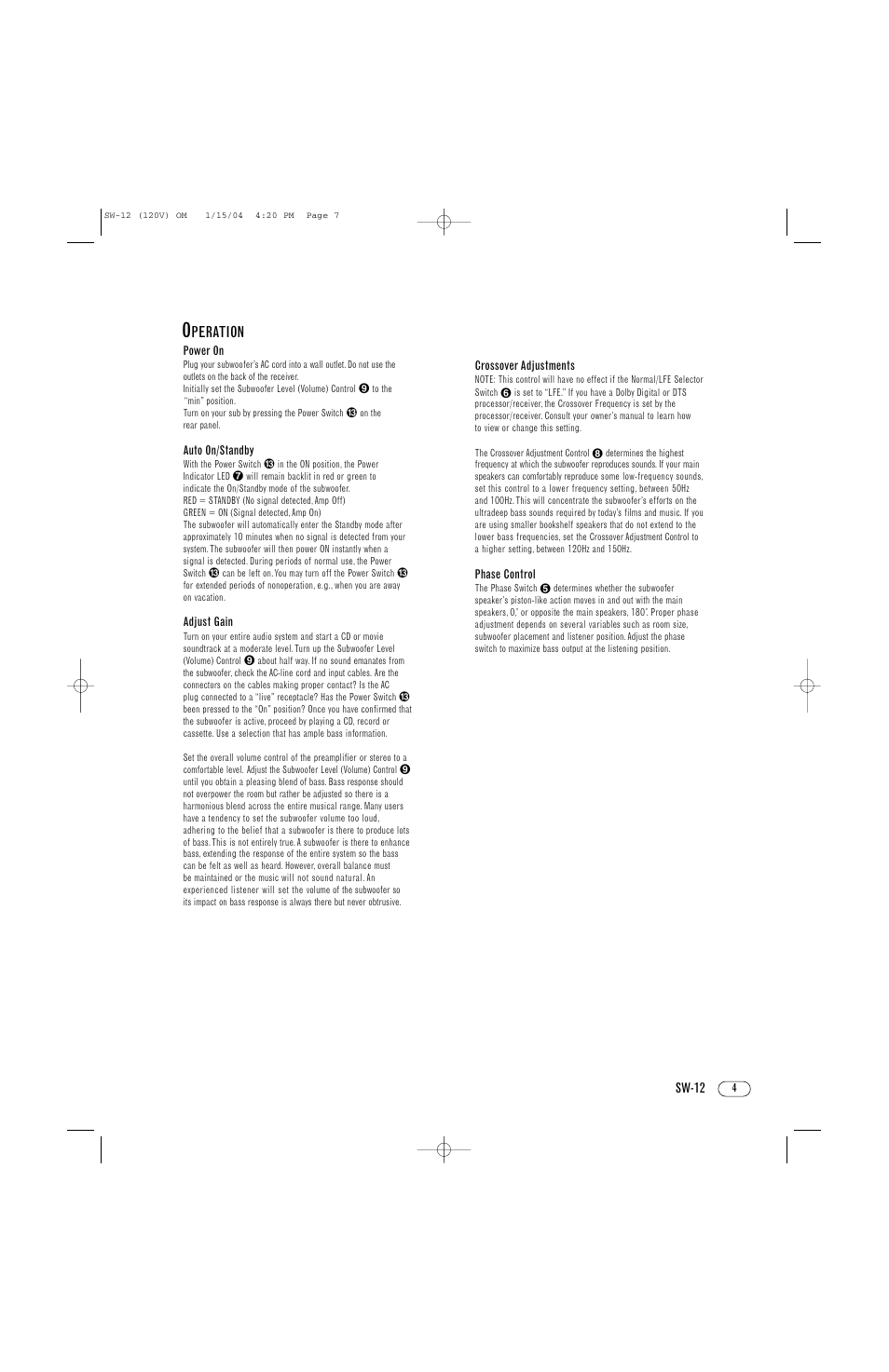 Peration | Infinity SW-12 User Manual | Page 7 / 12