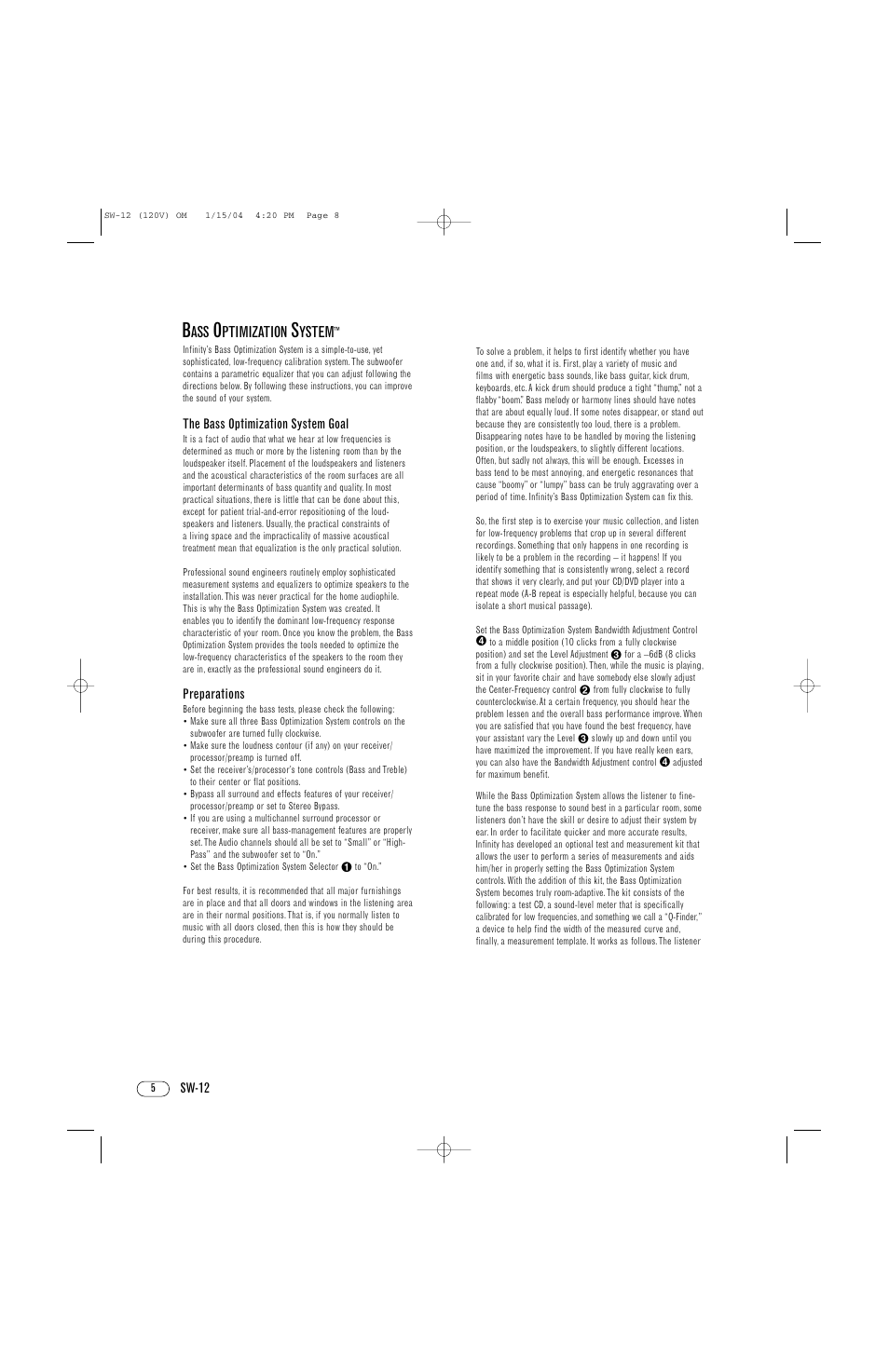 Ptimization, Ystem | Infinity SW-12 User Manual | Page 8 / 12