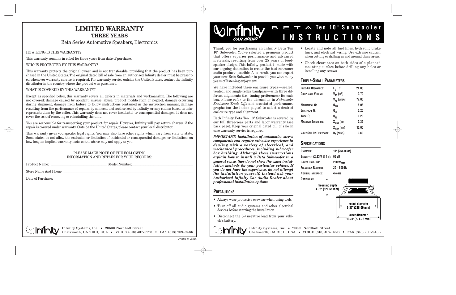 Infinity Beta Ten 10" Subwoofer User Manual | 2 pages