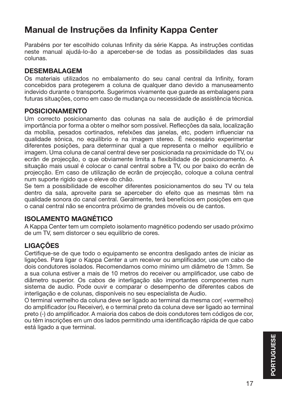 Manual de instruções da infinity kappa center | Infinity Kappa 10926 User Manual | Page 19 / 22