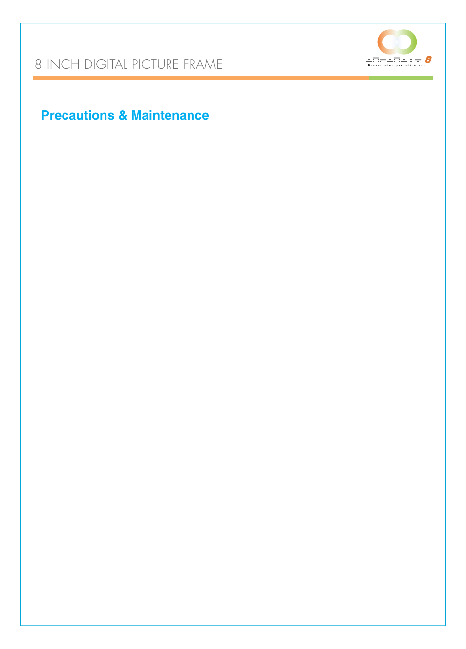 Precautions & maintenance, 8 inch digital picture frame | Infinity DPF-8000 User Manual | Page 5 / 25