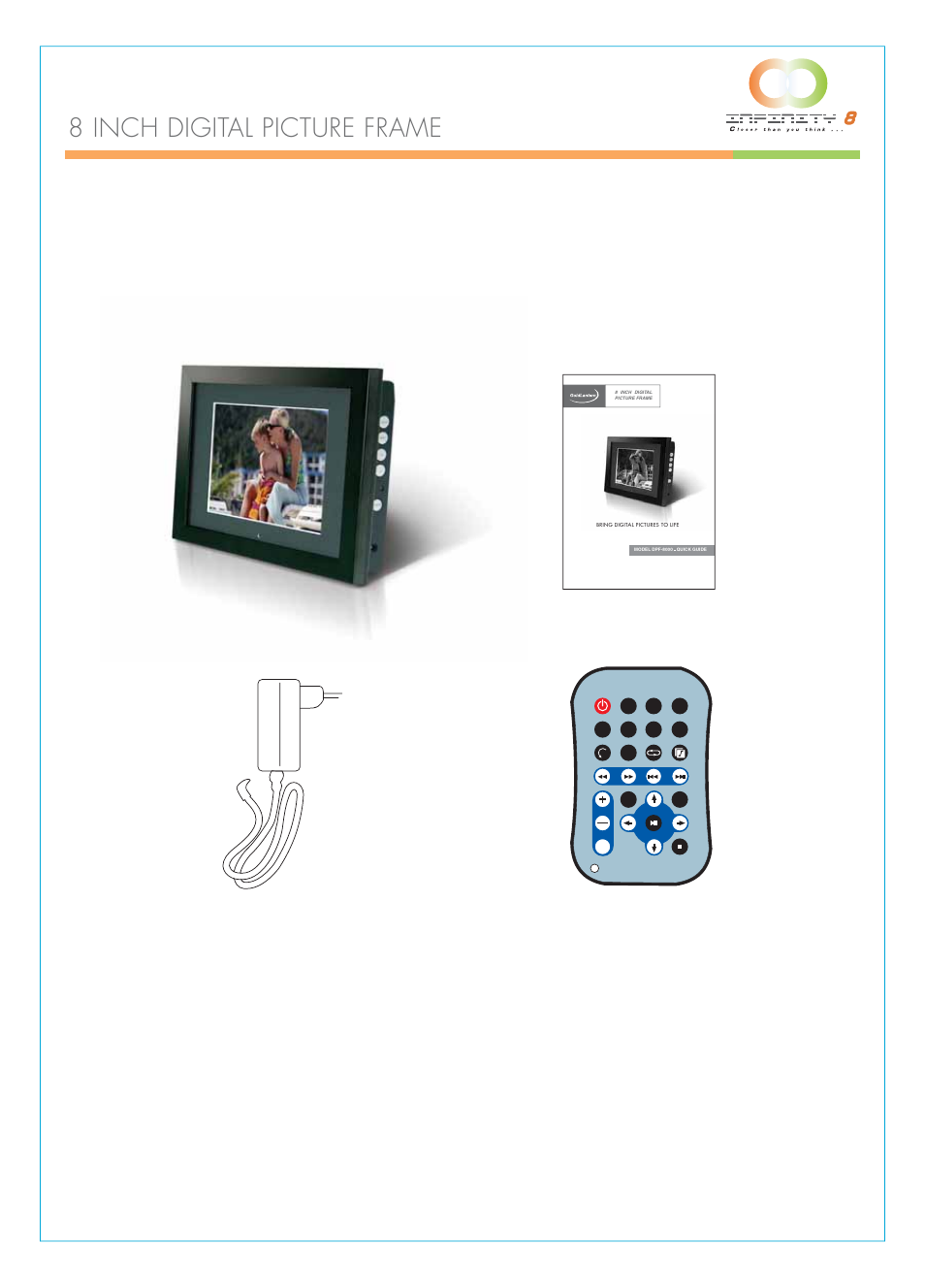 Getting started, 8 inch digital picture frame, Package contents | Installing your unit, Quick start guide power adaptor remote control, Digital picture frame | Infinity DPF-8000 User Manual | Page 6 / 25