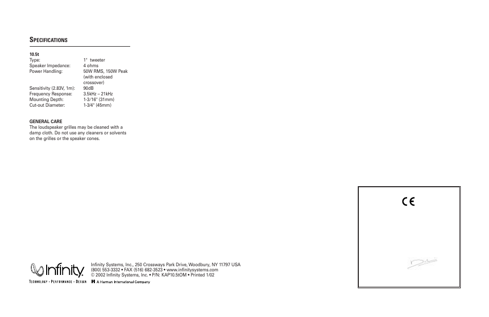 Specs | Infinity Kappa 10.5t User Manual | Page 4 / 8