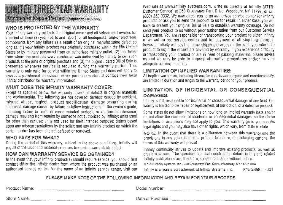 Warranty 2 | Infinity Kappa 10.5t User Manual | Page 8 / 8