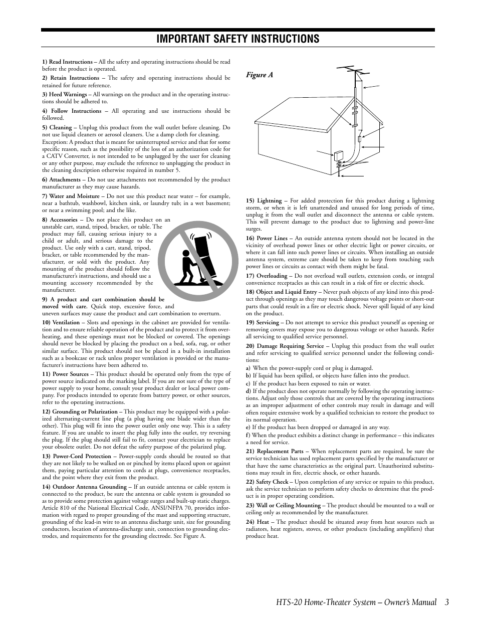 Important safety instructions, Hts-20 home-theater system – owner’s manual, Figure a | Infinity HTS-20 User Manual | Page 3 / 20