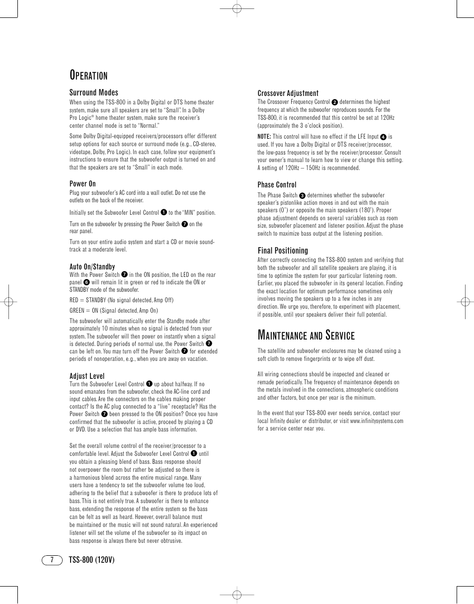 Peration, Aintenance and, Ervice | Infinity TSS-800 User Manual | Page 10 / 12