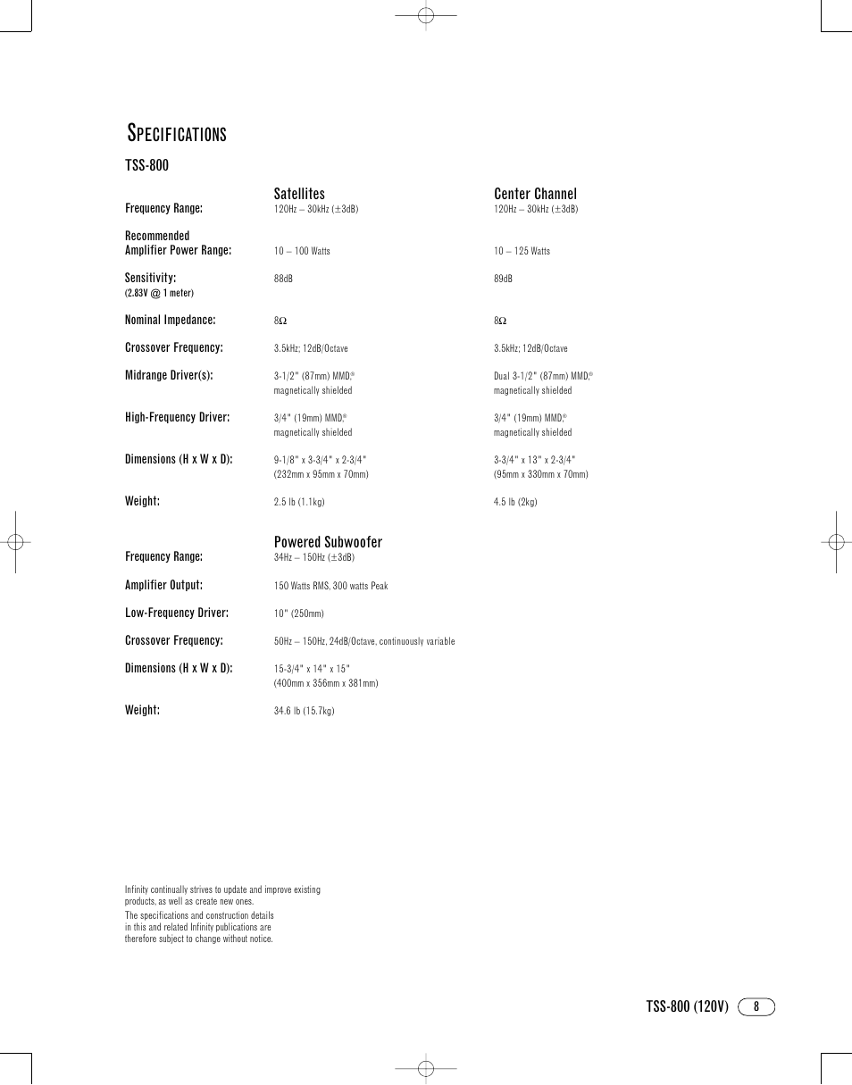 Pecifications, Tss-800 satellites center channel, Powered subwoofer | Infinity TSS-800 User Manual | Page 11 / 12