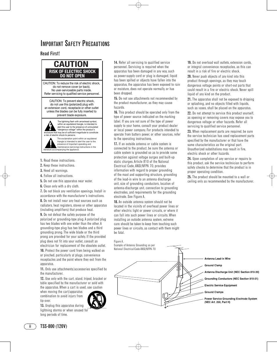 Caution, Mportant, Afety | Recautions | Infinity TSS-800 User Manual | Page 2 / 12