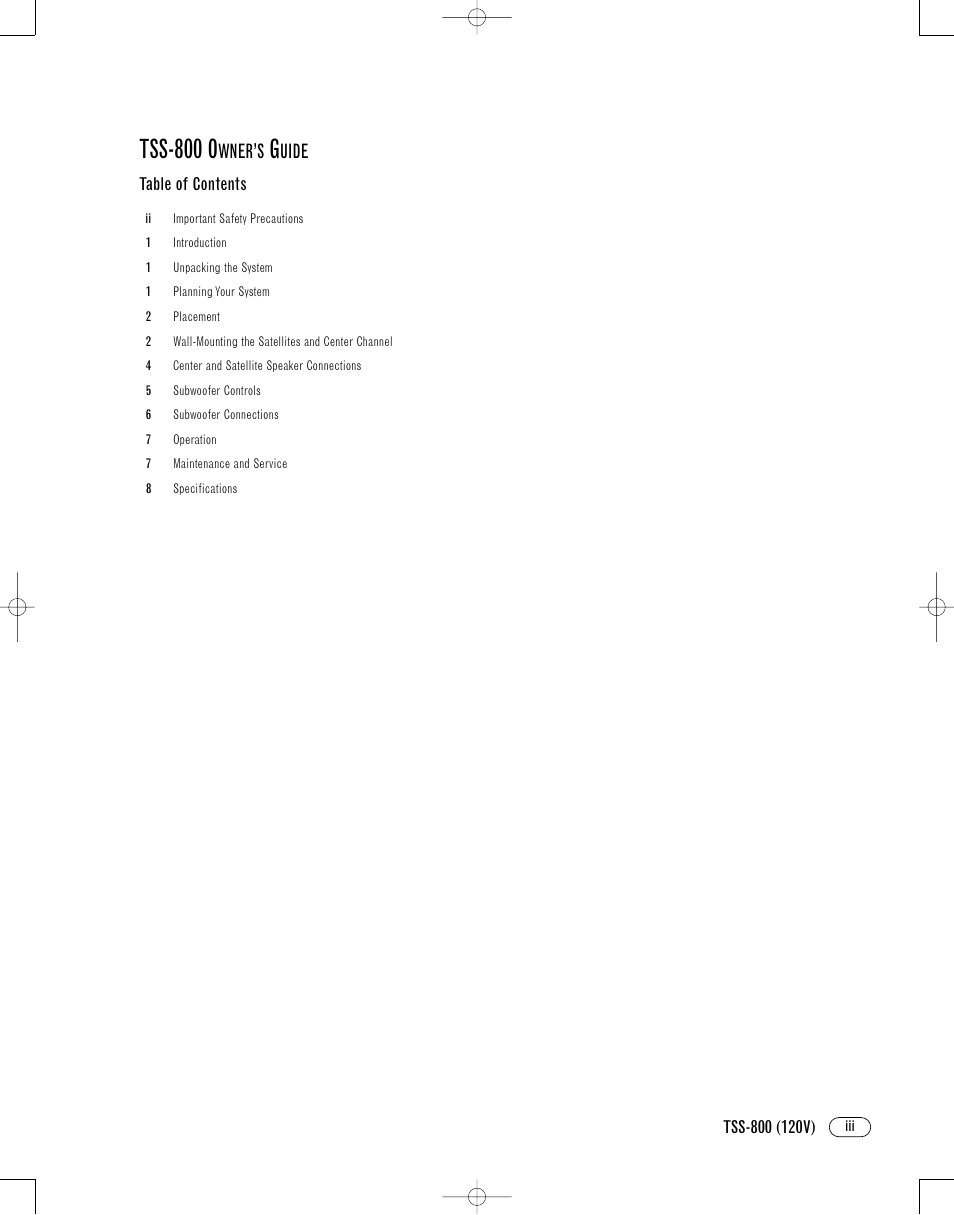 Tss-800 o, Wner, Uide | Infinity TSS-800 User Manual | Page 3 / 12