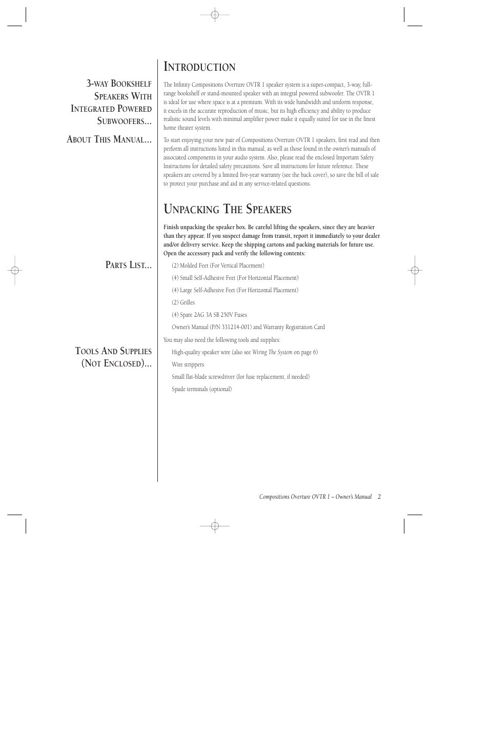 Ntroduction, Npacking, Peakers | Infinity COMPOSITIONSTM OVTR 1 User Manual | Page 3 / 12