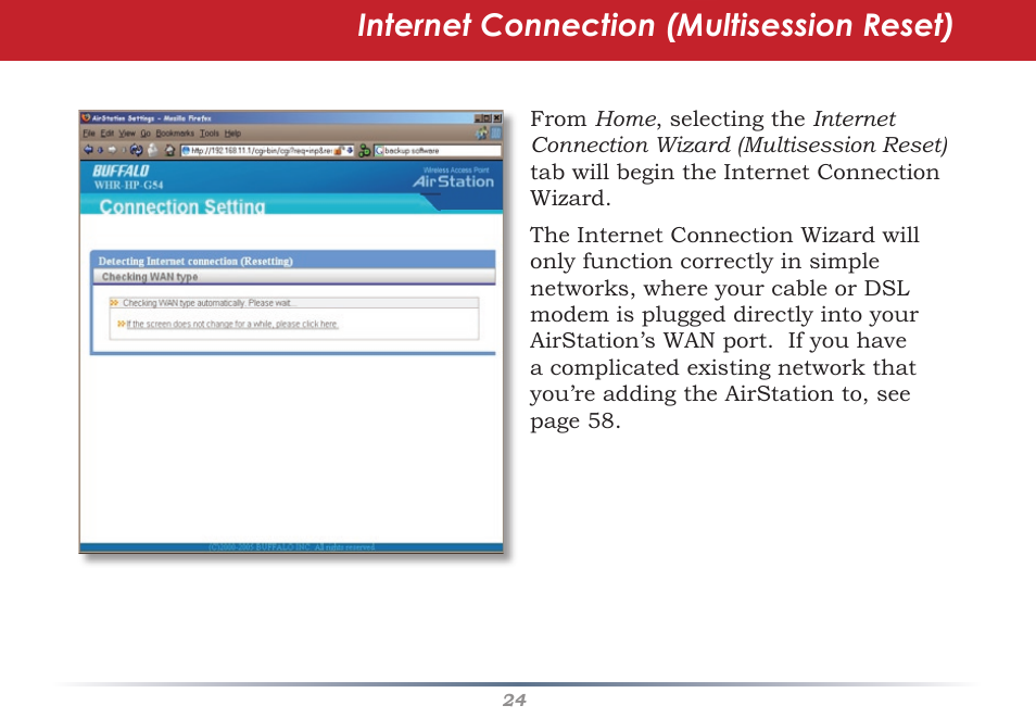 Internet connection (multisession reset) | Infinity Wireless Router & AP WZR-G300N User Manual | Page 24 / 91