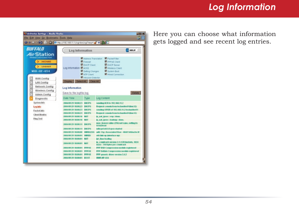 Log information | Infinity Wireless Router & AP WZR-G300N User Manual | Page 54 / 91