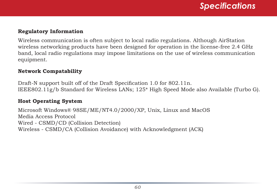 Specifications | Infinity Wireless Router & AP WZR-G300N User Manual | Page 60 / 91