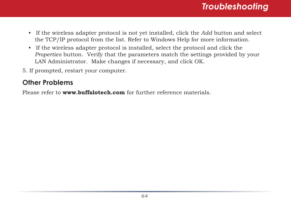 Troubleshooting | Infinity Wireless Router & AP WZR-G300N User Manual | Page 64 / 91