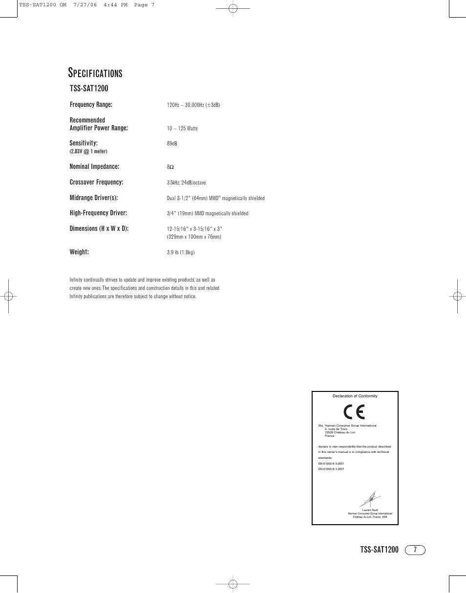 Pecifications, Tss-sat1200, Frequency range | Recommended amplifier power range, Sensitivity, Nominal impedance, Crossover frequency, Midrange driver(s), High-frequency driver, Weight | Infinity TSS-SAT1200 User Manual | Page 7 / 8