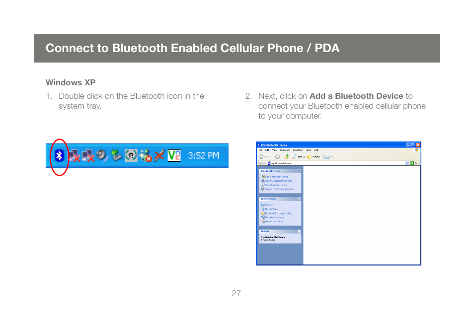 Connect to bluetooth enabled cellular phone / pda, Windows xp | IOGear GBU421 User Manual | Page 27 / 64