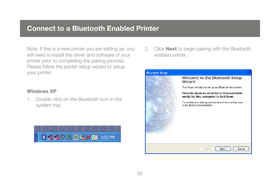 Connect to a bluetooth enabled printer, Windows xp | IOGear GBU421 User Manual | Page 35 / 64