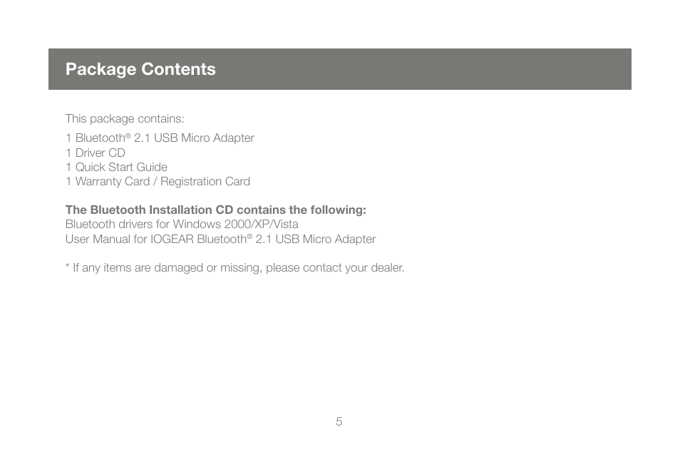 Package contents | IOGear GBU421 User Manual | Page 5 / 64