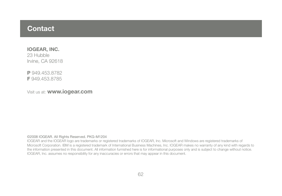 Contact | IOGear GBU421 User Manual | Page 62 / 64
