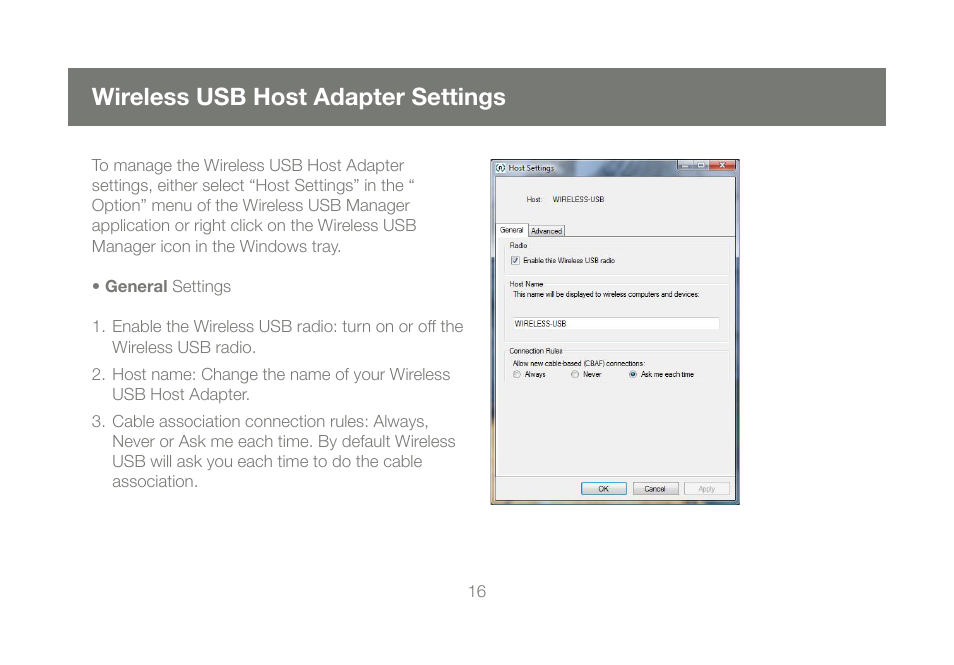 Wireless usb host adapter settings | IOGear Wireless USB Hub GUWH104 User Manual | Page 16 / 30