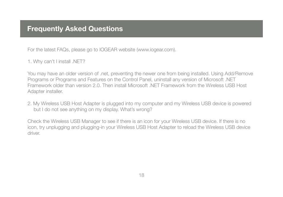 Frequently asked questions | IOGear Wireless USB Hub GUWH104 User Manual | Page 18 / 30