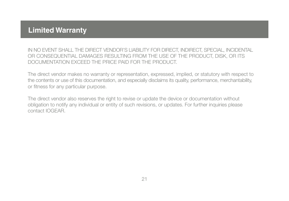 Limited warranty | IOGear Wireless USB Hub GUWH104 User Manual | Page 21 / 30