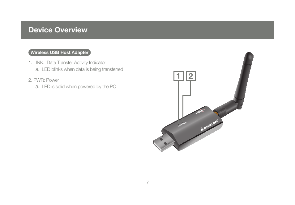 Device overview | IOGear Wireless USB Hub GUWH104 User Manual | Page 7 / 30