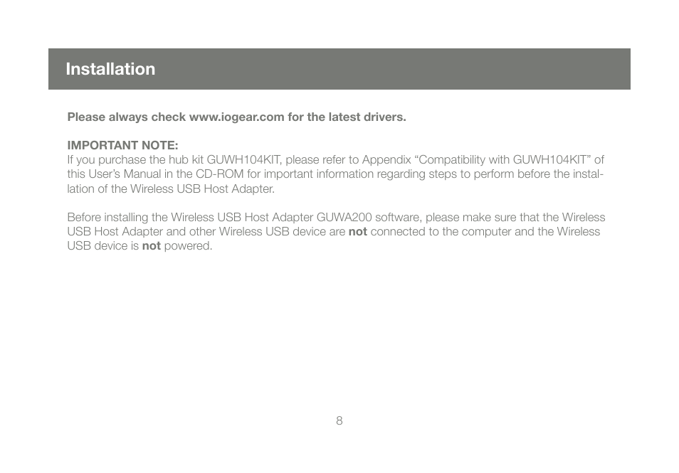 Installation | IOGear Wireless USB Hub GUWH104 User Manual | Page 8 / 30