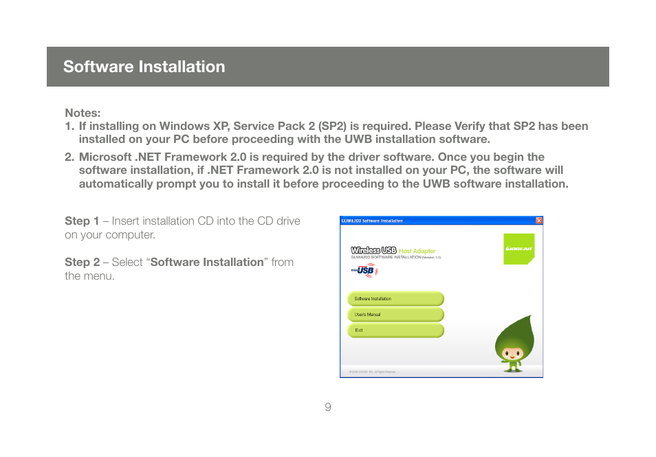 Software installation | IOGear Wireless USB Hub GUWH104 User Manual | Page 9 / 30