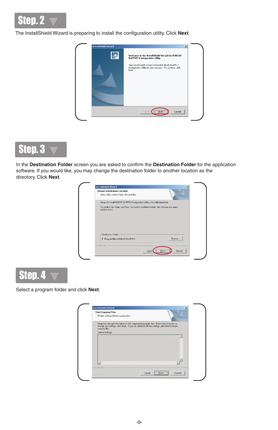 Step. 2 step. 3, Step. 4 | IOGear Wireless GWP512 User Manual | Page 10 / 16