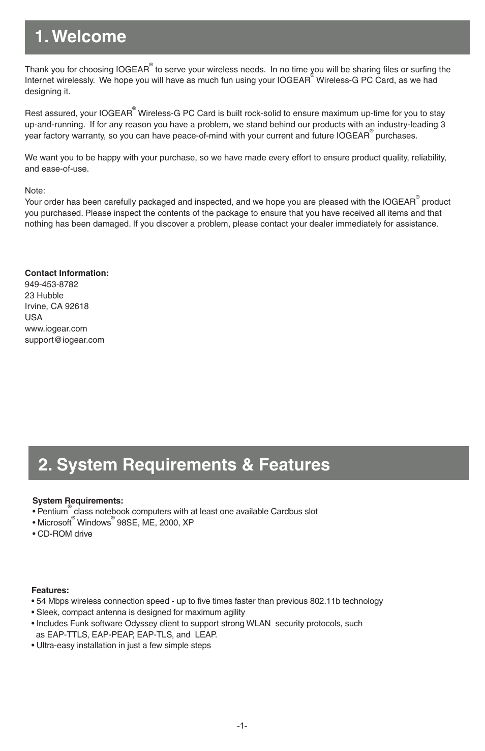 System requirements & features 1. welcome | IOGear Wireless GWP512 User Manual | Page 2 / 16