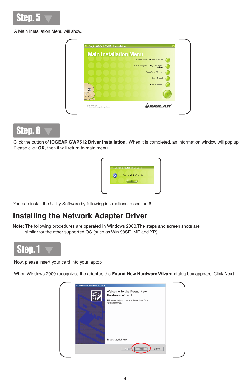 Step. 1, Step. 5, Step. 6 | Installing the network adapter driver | IOGear Wireless GWP512 User Manual | Page 5 / 16