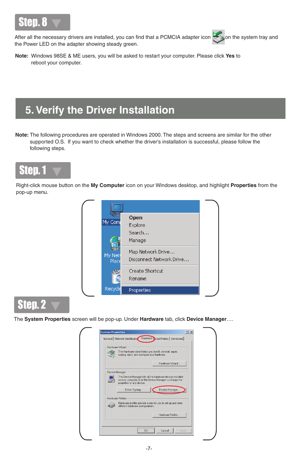 Step. 8, Step. 1 step. 2, Verify the driver installation | IOGear Wireless GWP512 User Manual | Page 8 / 16