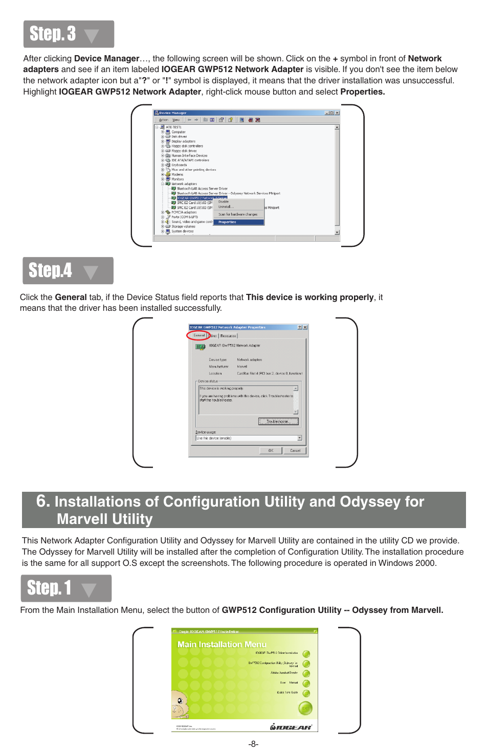 Step. 1, Step. 3 step.4 | IOGear Wireless GWP512 User Manual | Page 9 / 16