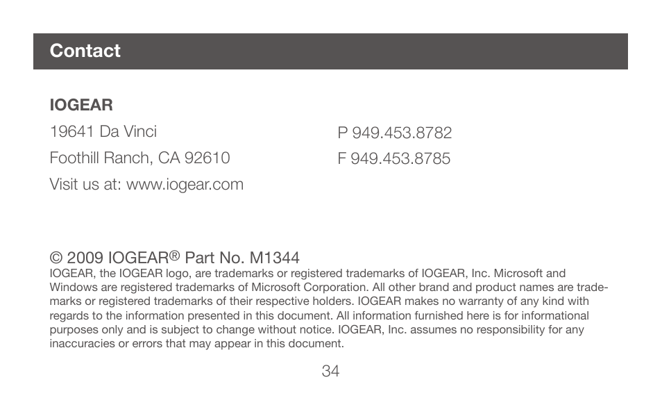 Contact | IOGear GBHFK231 User Manual | Page 34 / 36