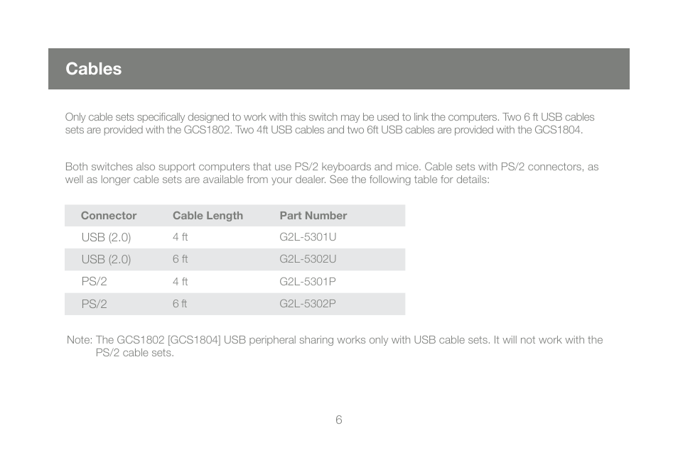 Cables | IOGear GCS1802 User Manual | Page 6 / 56