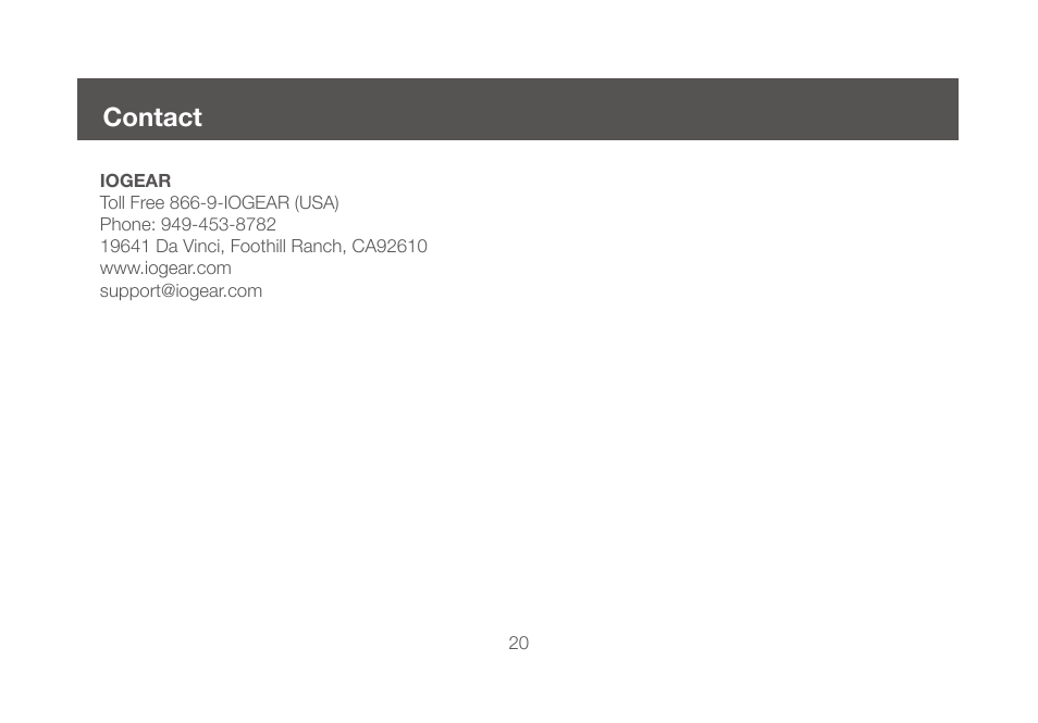 Contact, Contact 20 | IOGear GCS634U User Manual | Page 20 / 22