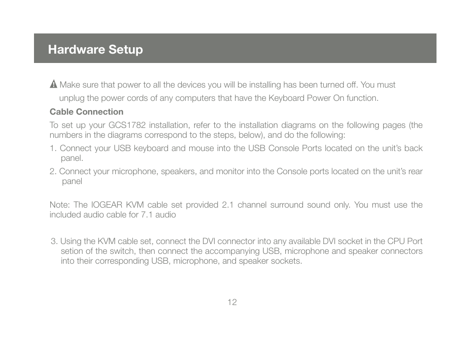 Hardware setup | IOGear GCS1784 User Manual | Page 12 / 44