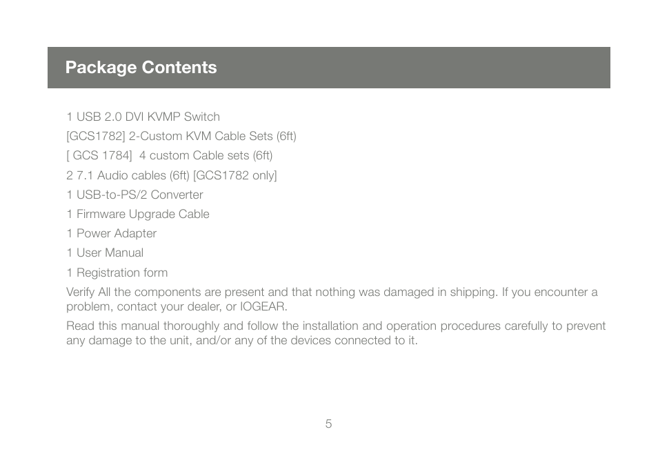 Package contents | IOGear GCS1784 User Manual | Page 5 / 44