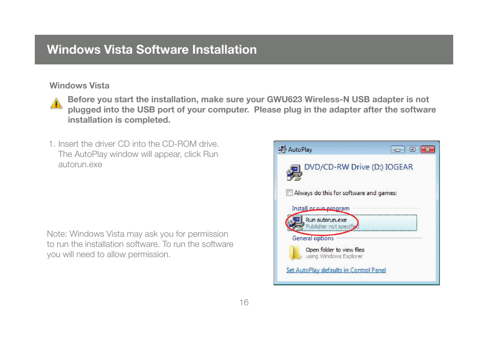 Windows vista software installation | IOGear Wireless-N GWU623 User Manual | Page 16 / 76