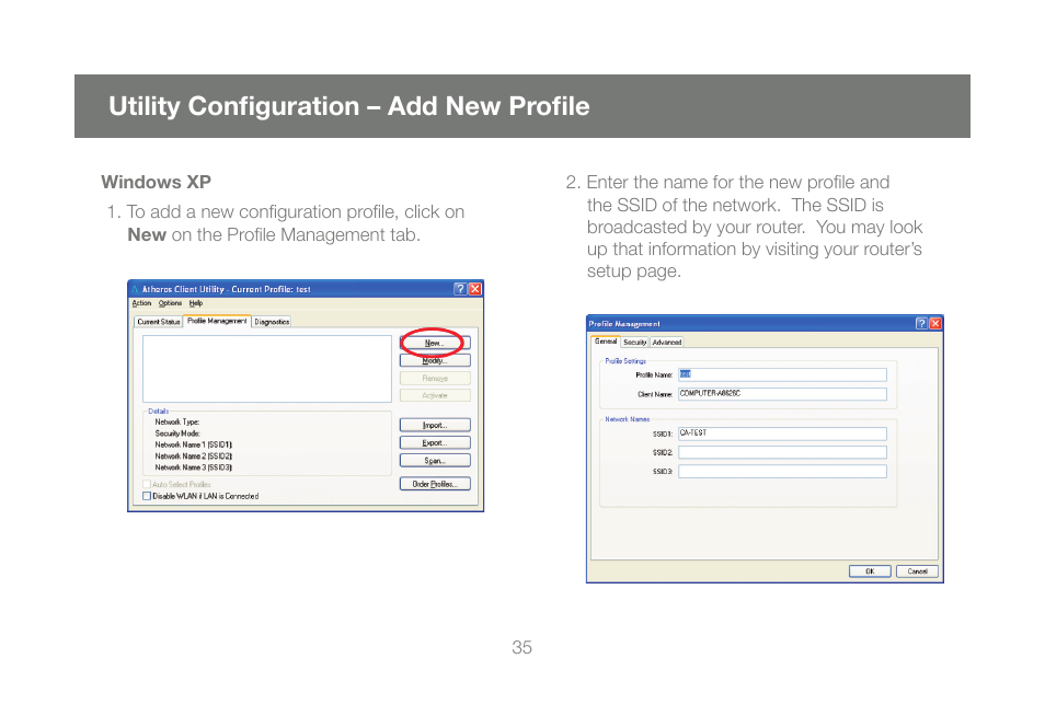 Utility confi guration – add new profi le | IOGear Wireless-N GWU623 User Manual | Page 35 / 76