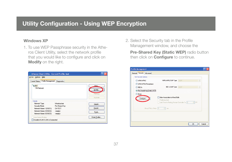 Utility confi guration - using wep encryption | IOGear Wireless-N GWU623 User Manual | Page 37 / 76