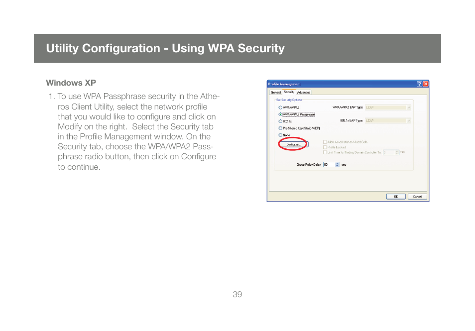 Utility confi guration - using wpa security | IOGear Wireless-N GWU623 User Manual | Page 39 / 76